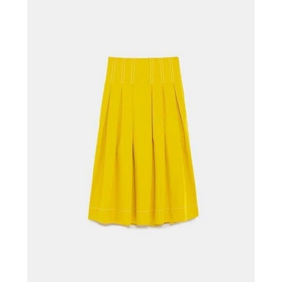 NWOT Zara mustard yellow pleated A-line midi skirt, XS - Picture 7 of 10